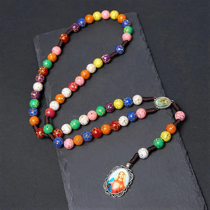 Rosario con immagine della Madonna della Misericordia e Crocifisso, rotondo, multicolore, in acrilico, nylon, 8 mm