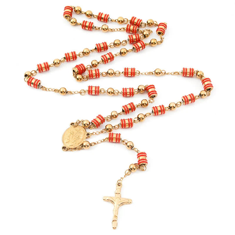 Rosario con anello in gomma rossa e grani dorati a forma di croce