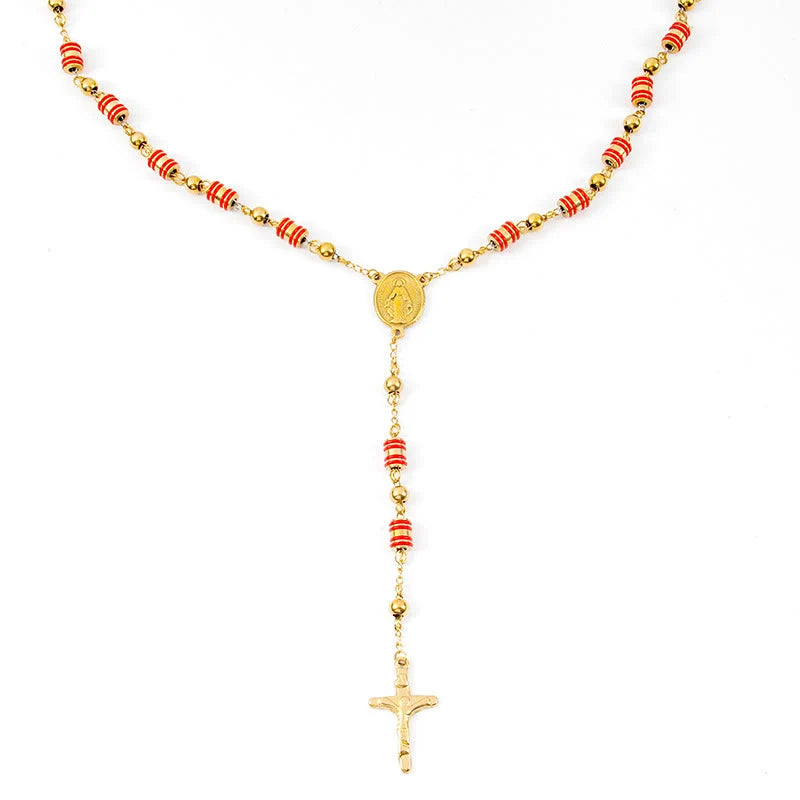 Rosario con anello in gomma rossa e grani dorati a forma di croce