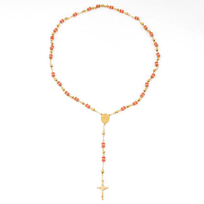 Rosario con anello in gomma rossa e grani dorati a forma di croce